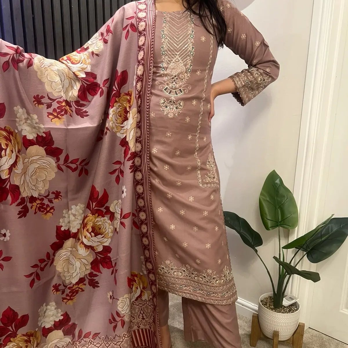 Shazia embroidered dhanak winter suit with floral shawl 5 colours