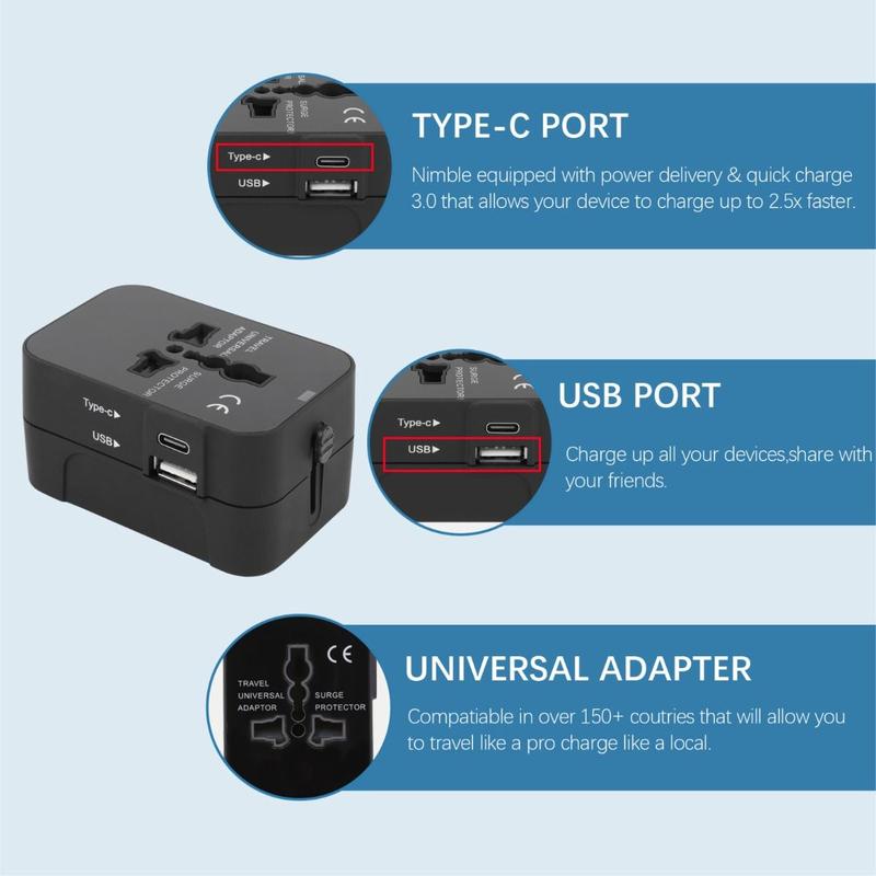 Universal Travel Adapter With USB & Type-C Ports -    US, UK, EU and AU  Fast, Safe and Compact Charger for International Travel Durable Device perfect for charging Tablet, Cellphone, Mobile and More Plug Portable Electronic Socket Protection 8