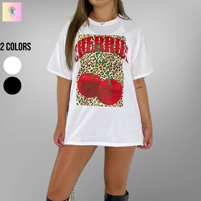 Women's CHERRIES Leopard Print Baggy T-Shirt Top for Women - Ladies Short Sleeve cherry tshirt 3