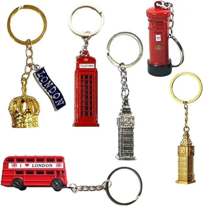6 London Landmark Die-Cast Keychain - British Souvenir Keyring Gift - 3D Bus Key Chain - Phone Big Ben Crown Key Ring