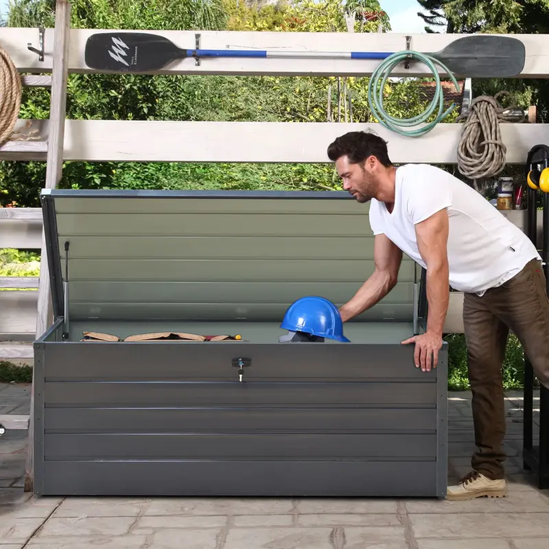 Product Introduction of Livingandhome 200L/600L Large Outdoor Garden Metal Storage Box with Lid Lockable,Weather and Fade Resistant,Doubles as Storage Organiser Bench Room 1