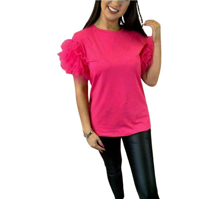 Womens Ladies Tulle Scoop Neck Frill Mesh Puff Short Sleeve Party Tee TShirt Top 4