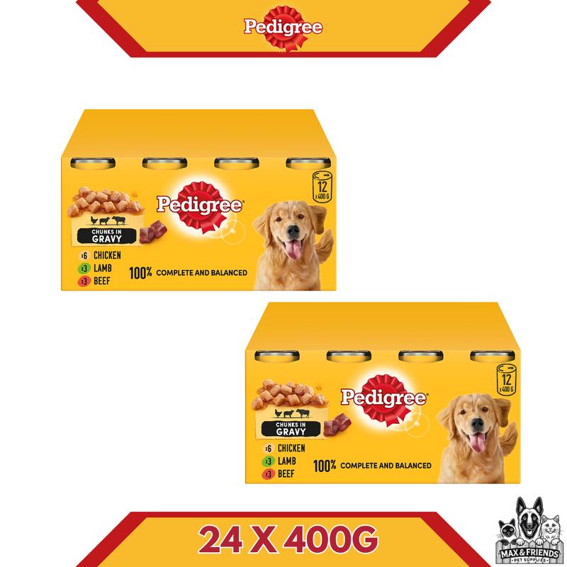 Pedigree Mixed Wet Adult Dog Food Mixed In Gravy Chicken X 6, Lamb X 3 & Beef X 3 (12x400G) Available In 12,24 & 36 Pack 1