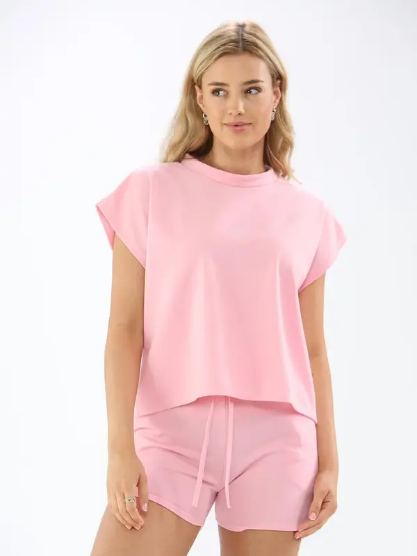 Ladies 2 Piece Top & Short Co-Ord Sets Women Short Sleeve Boxy Loungewear Joggers Tracksuits Girls Lounge Wear Suit Casual Plain Pockets Crew Neck Activewear Loungesuit 2Pcs 5