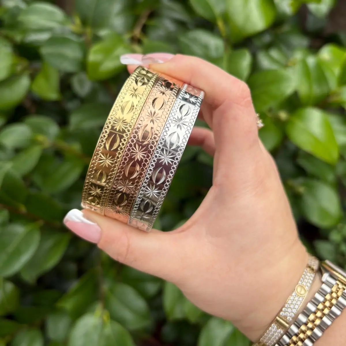 Set of 3 stainless steel 3 tone bangles 65mm