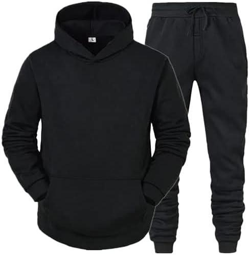 Men's Tracksuits Set Plain Fleece Slim FIT Pullover Kangaroo Pocket Hoodie and Jogging Bottoms Trouser Overalls Outfit Ribbed Polyester Underwear Top Menswear 2