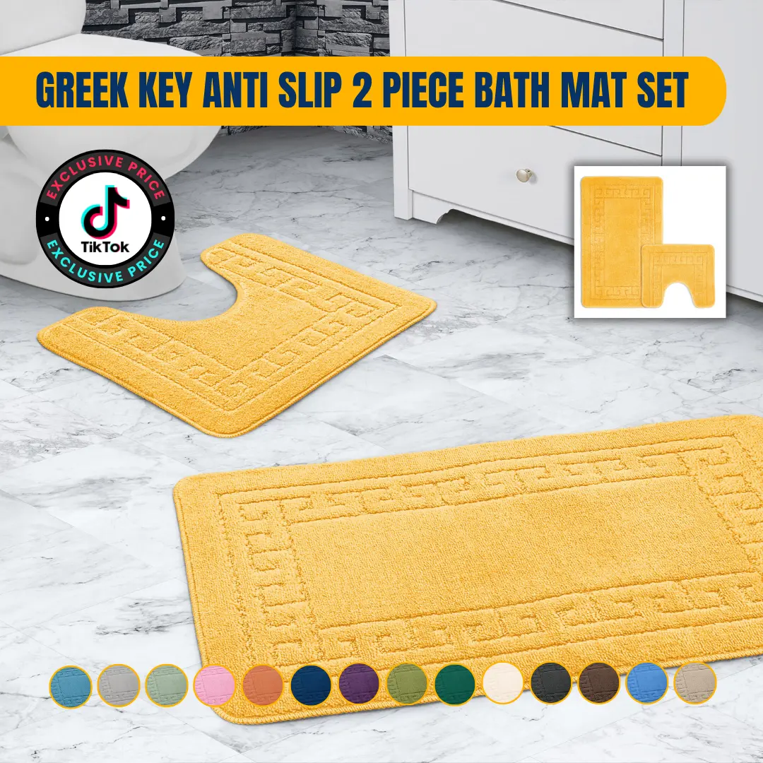 Greek Key Anti Slip Water Absorbent Bath Mat & Pedestal Mat Set