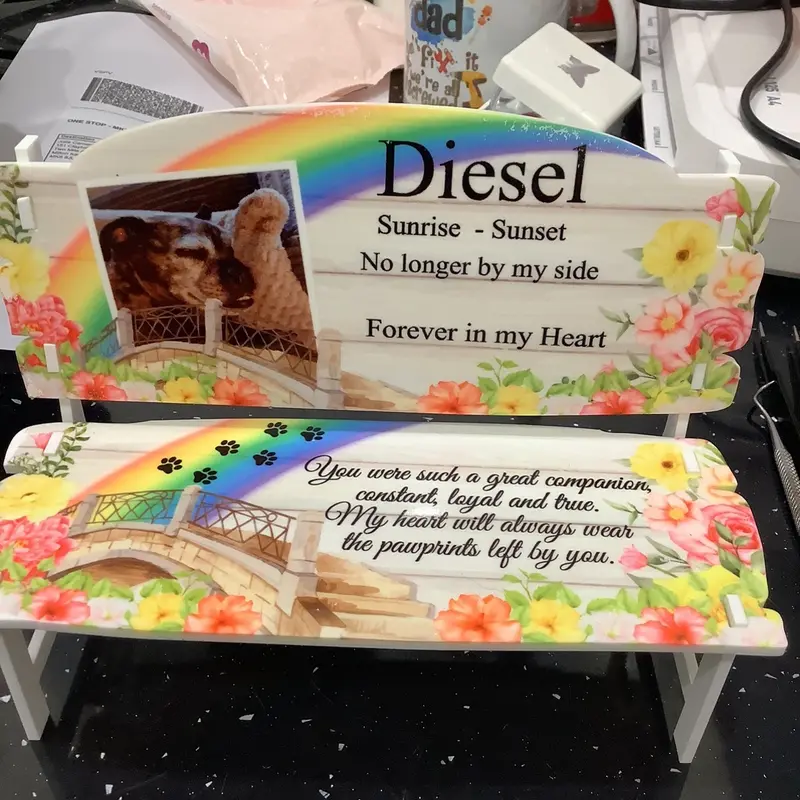 Personalised Pet Memorial Rainbow Bench Keepsake - 7inch Wide 1