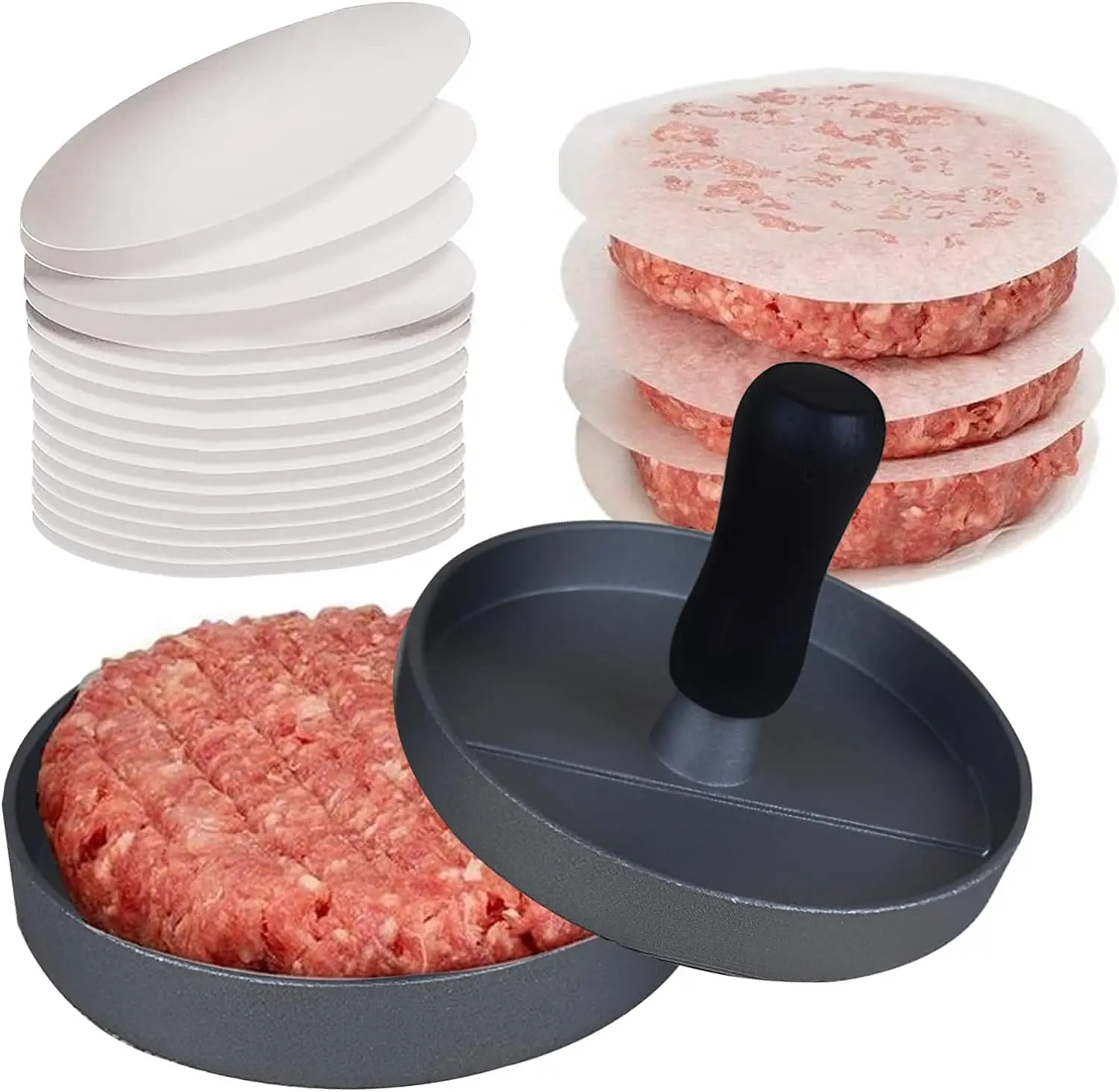 Burger Press with 100 Wax Paper Non-Stick Meat Patty Hamburger Press Burger Maker for BBQ, Baking, Stuffed Burgers, Beef Burger Kitchen Mold Set Utensils Shaped Aluminium Plastic