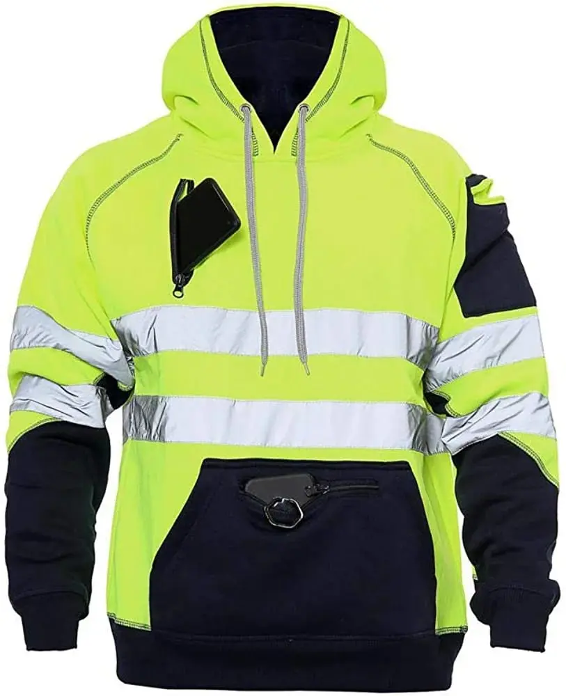 Hi Vis Viz High Visibility Fleece Jacket Hoodie Work 3 Zip Hooded Sweat Shirt Long Sleeve Menswear Pullover Zipper Reflective Plain