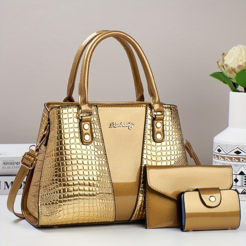 Product Introduction of 3pcs Elegant Faux Leather Satchel with Crocodile Pattern, Sequined, Spacious Multi-Functional Bag, Lightweight Fashion Handbag with Zip Closure and Fixed Shoulder Straps, with Spandex Lining for Women 6