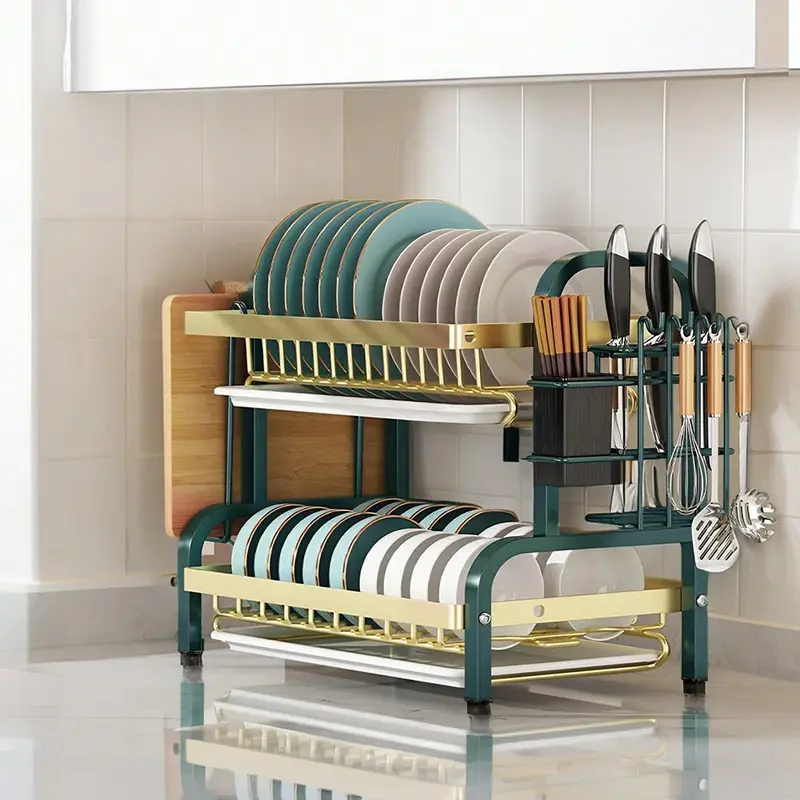 MILAN GOLD  2 Tier Dish Drainer Rack,Stainless Steel Dish Drying Rack,Kitchen Organizer Storage Shelf With Drainboard,Cutlery Holder,Cutting Board Holder,Knife Cup Utensil Holder 2