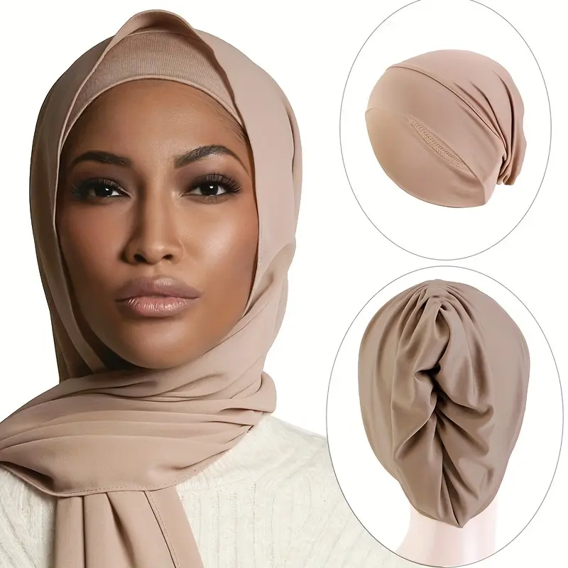 6pcs Women's Solid Color Undercap Set - Breathable Polyester Turban Hats, Lightweight & Comfortable, Stretchy Head Wraps for Ramadan & Chemo Patients, Casual Hijab Caps with Forehead Cross Design 1