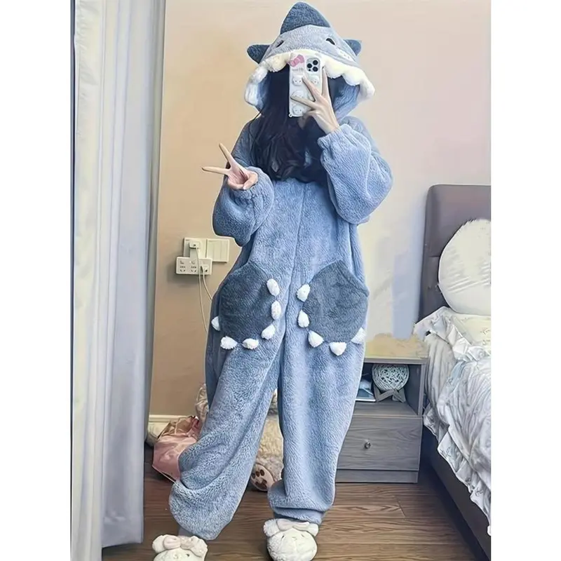 Women's Cartoon Shark Design Pocket Drop Shoulder Plush Loungewear Onesie, Casual Cute Long Sleeve Hooded PJ Onesie for Fall & Winter, Lady's Sleepwear for Indoor Wear, Boo Basket Items for gf 2