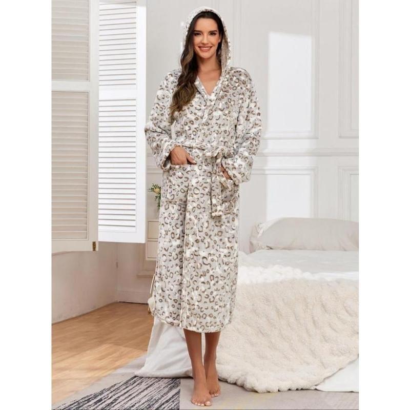 Women's Leopard Print Belted Hooded Flannel Lounge Robe, Casual Long Sleeve Pocket Design Bathrobe, Ladies Sleepwear for Fall & Winter 7