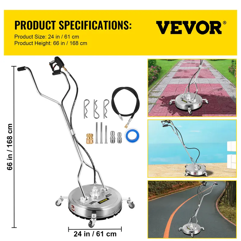 VEVOR  24 Inch Surface Cleaner Pressure Flat Surface Cleaning 4000 PSI Max Working Pressure Flat Surface Cleaner Stainless Steel Rotating Surface Cleaner with Wheels Power Washer Floor Scrubber 6