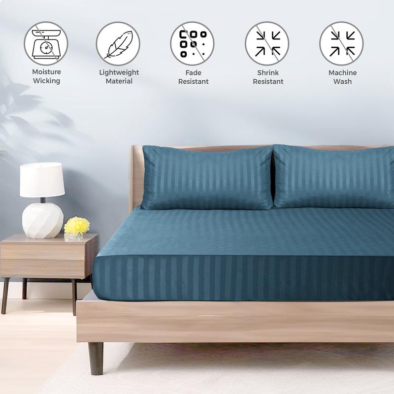 Tifl Stripe Fitted Sheets for Double Size Bed - Extra Deep 25CM Bed Sheets with Elastic Corners - Anti-Allergic Fade Resistance - Soft and Breathable - Skin-Friendly - Solid Pattern Design - Double King Size Bed Cover 3