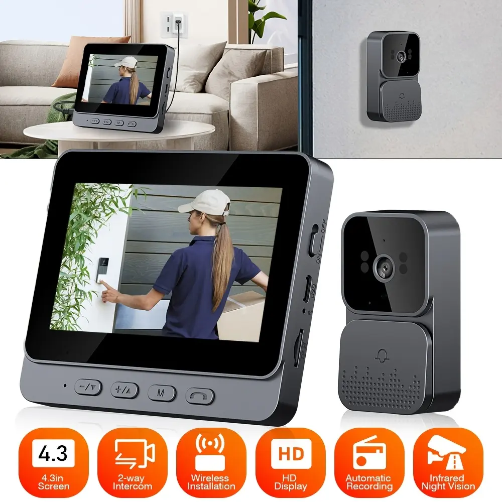 RAZZAQ MART SHOP Video Doorbell Camera | 10.92cm HD Display | Infrared Night Vision | Two-Way Audio | Wireless RF Connectivity | Easy Installation | Long Battery Life | Sleek Design for Home Security