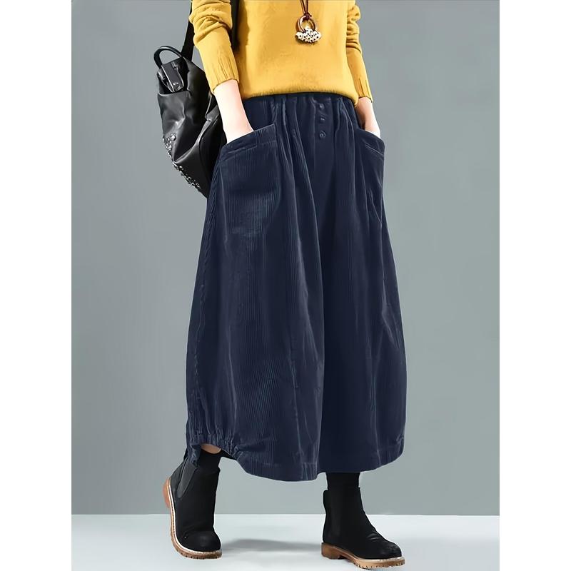 Button Detail Elastic Waist Skirt, Casual Dual Pockets Cocoon Skirt For Spring & Fall, Women's Clothing Womenswear Bottom 5