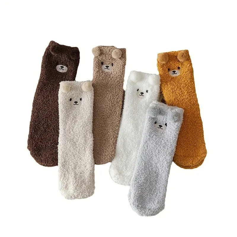 1/3/6 Pairs 3D Cute Bear Socks, Warm Coral Fleece Floor Slipper Socks For Fall & Winer, Women's Stockings & Hosiery 1