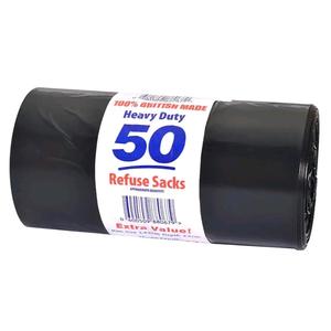 50 Pack Heavy Duty Black Refuse Sacks-50lt Bin Bags -Rubbish bags Kitchen Plastic Bin Liners - 100% Made in Britain Home Use Household Cleaning Extra Value Size Approx: 725mm x 850mm
