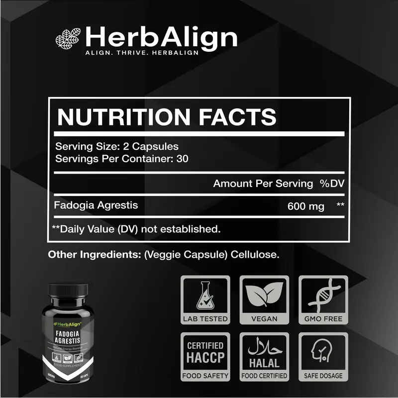 Herbalign Fadogia Agrestis Capsules: Pure 1200mg Serving - 60 Capsules, UK Lab Tested, One Month Supply for Natural Vitality, Muscle Growth, and Testosterone Support 2