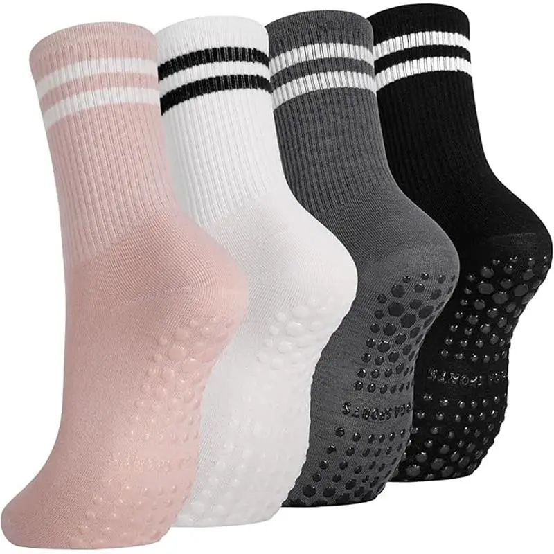 4 Pairs Yoga Grip Socks Women, Non Slip Pilates Socks Grippy Socks Ladies Mid-Calf Grip Socks Breathable Cotton Socks for Ballet, Dance, Workout, Fitness, Running