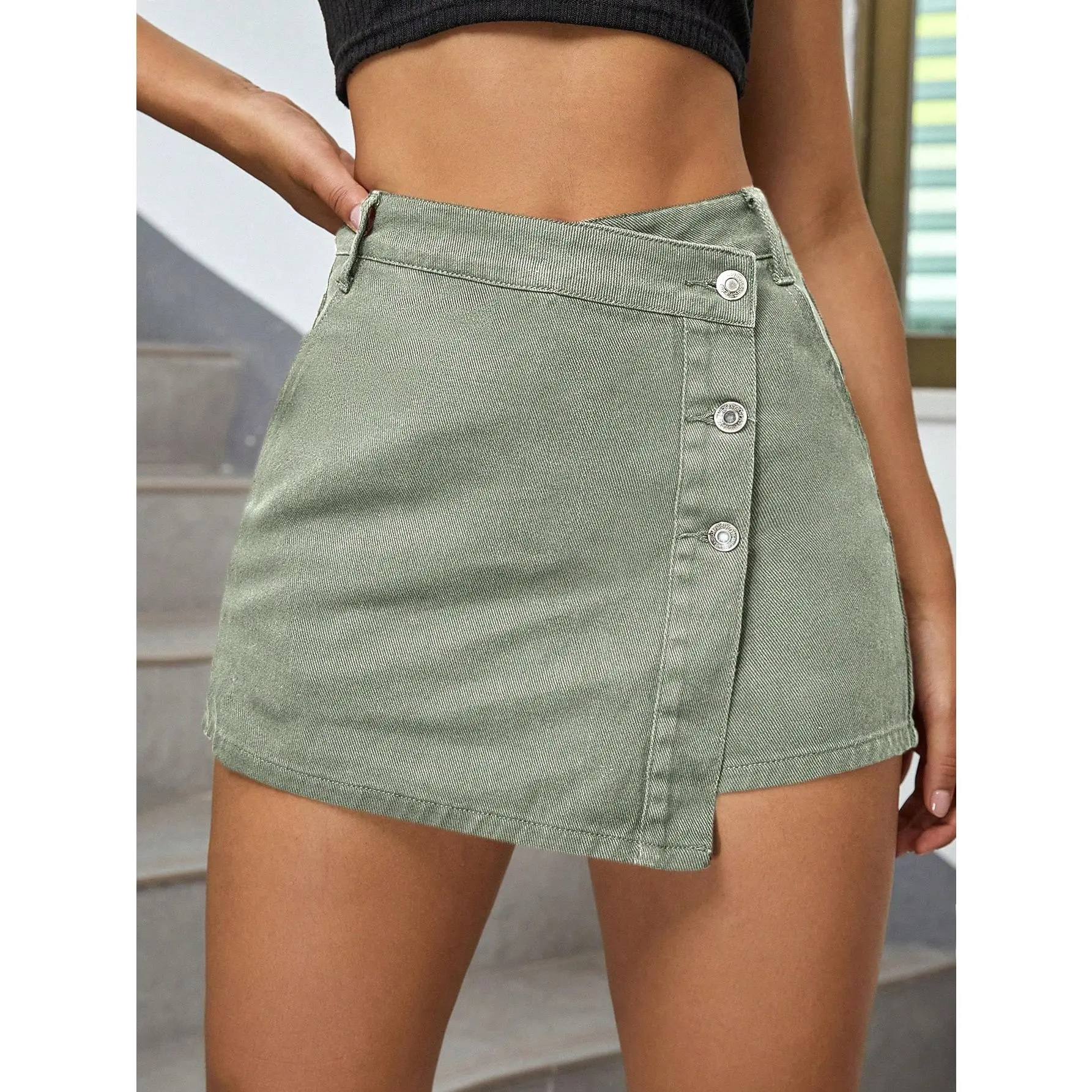 EZwear Button Front Denim Skort Fit Skirt