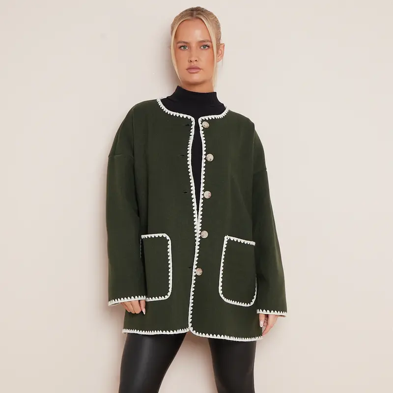Women's Casual Tori Wool Like Contrast Trim Scollop Stitching Tailored Jacket Scarf Coat One Size UK 8 - 14 6