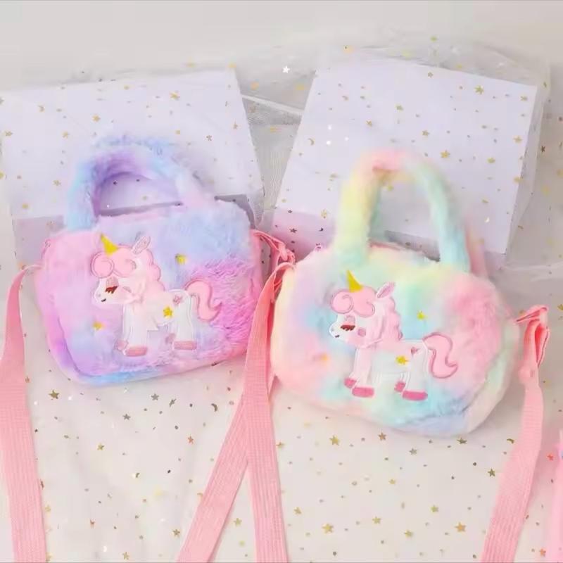 Kids Embroidery Unicorn Plush Toy Crossbody Purses Handbags Little Girls Rainbow Fluffy Purse Cute Cartoon Furry Shoulder Bag 3