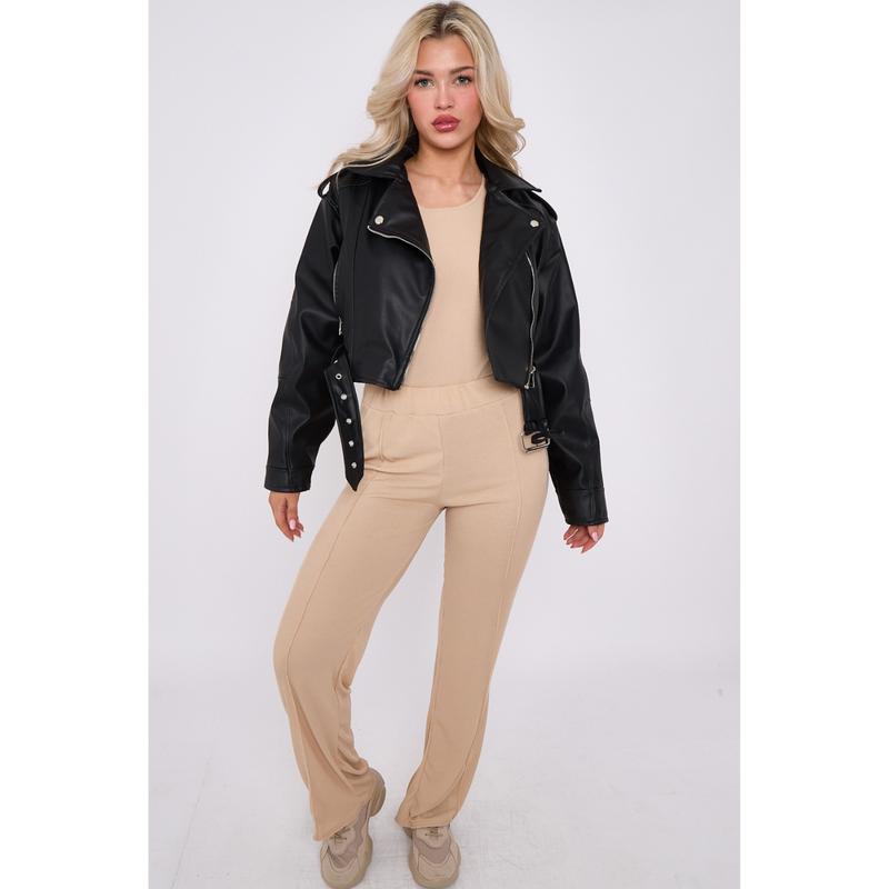 Stylish Faux Leather Biker Jacket for Women with Belt - Zip Fastening & Side Pockets - Coats, Womenswear Minimalist Long Sleeve Outerwear Comfort Tops Coats Womenswear 1
