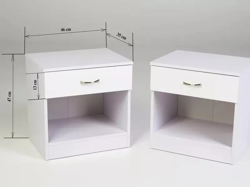 HARMIN Pair of White on White Bedside Cabinets WITH HIGH GLOSS DRAWER FRONTS 1