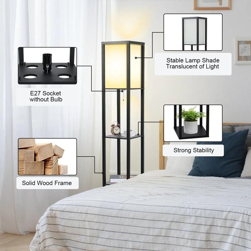 Floor Lamp Free Standing Wood 3-Tier Storage Shelf Reading Bedroom Living Room 4