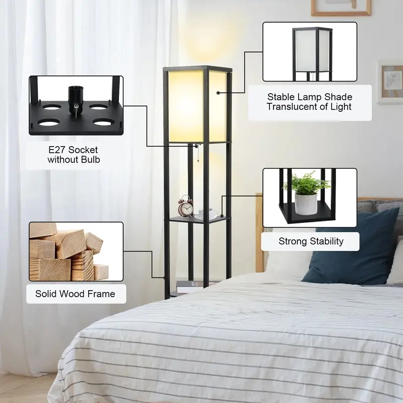 Floor Lamp Free Standing Wood 3-Tier Storage Shelf Reading Bedroom Living Room 4