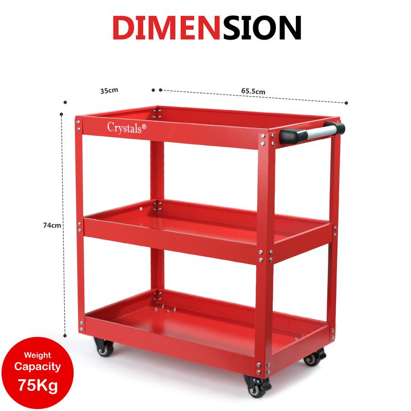 Crystals Heavy Duty Tool Trolley with 3-Tier Wheel Cart for Garage and Workshop Storage, DIY Red/Black 1