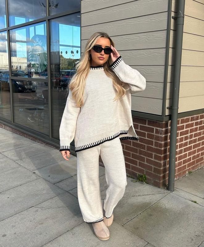 {GLAMDOLL} PEGGY Round Neck Oversized Stitch Design Top & Trouser Set 1