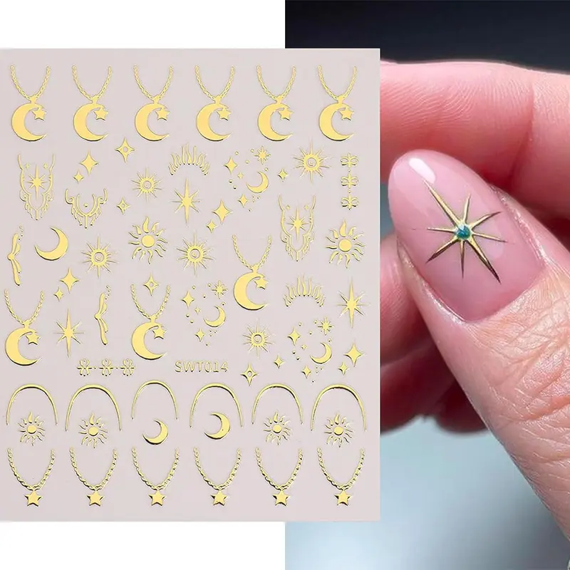 6 Sheets Nail Stickers Self Adhesive Nail Art Stickers Star Moon Sun Gold Silver Foil Nail Decals for Women Nail Art Decoration Accessories 1