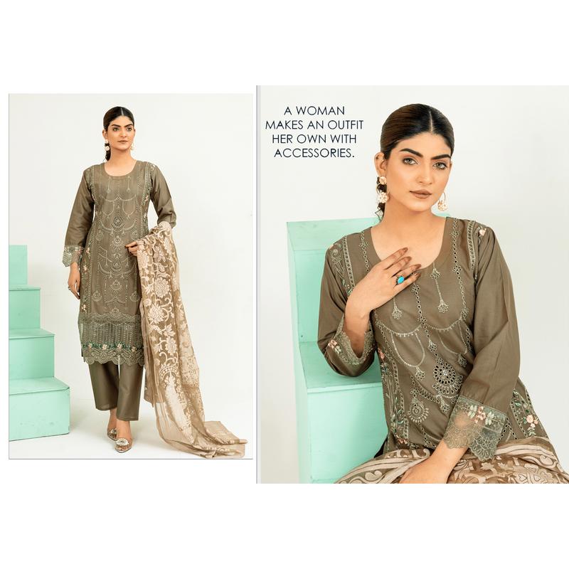 Dark Olive Green | Chikankari Embroidered Lawn 3Pc dress - Rangz 2