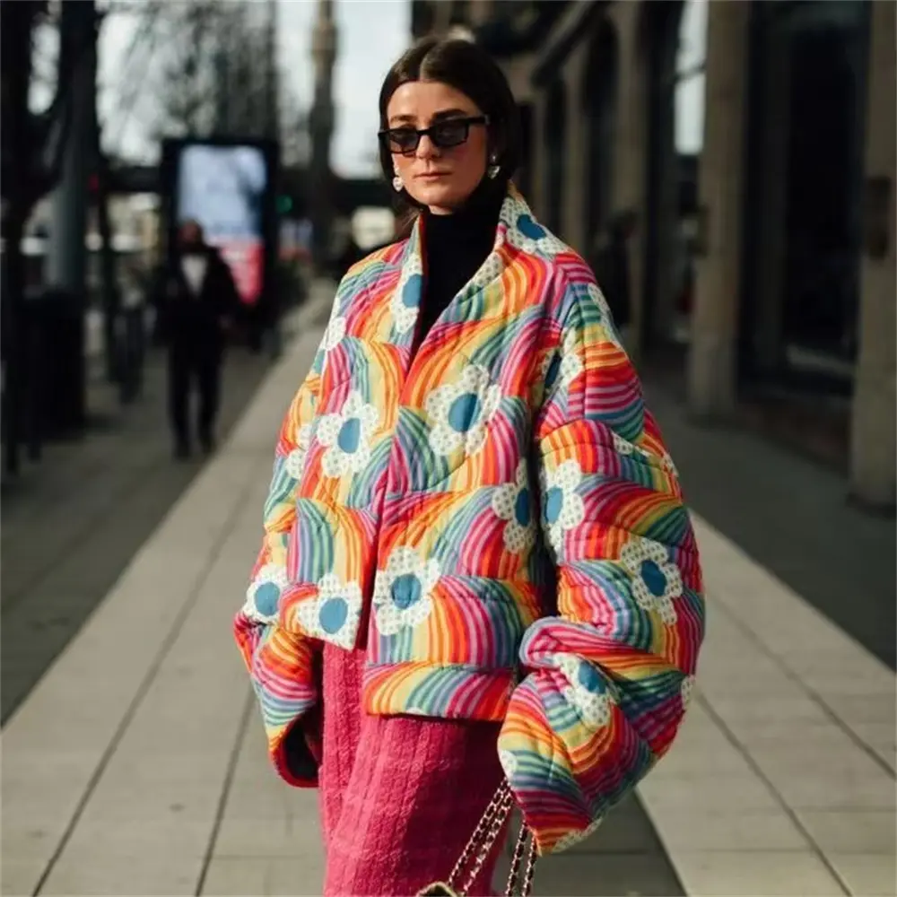 2025 Winter New Product Women's Fashion and Casual Versatile Loose Cardigan Decoration Printed Cotton Coat