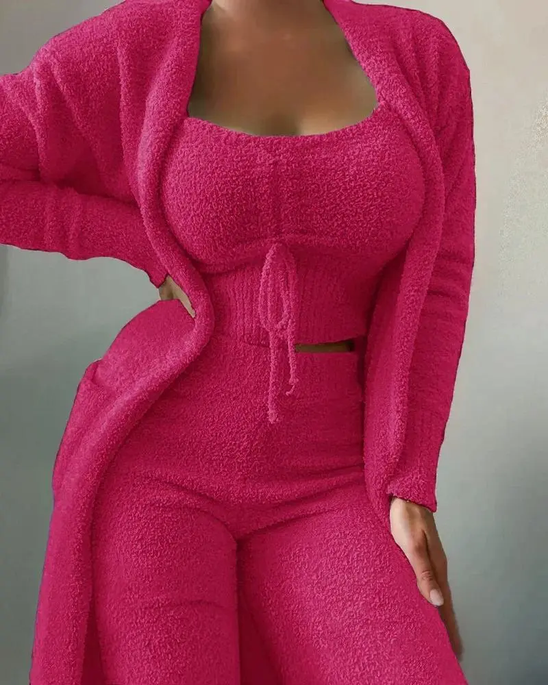 HOT  New Style 3 Pieces Solid Sleepwear  Women Autumn Velvet Lace Up Crop Top + Long Pants+Cardigans Coat Fashion Comfatable Pajamas Homeswear