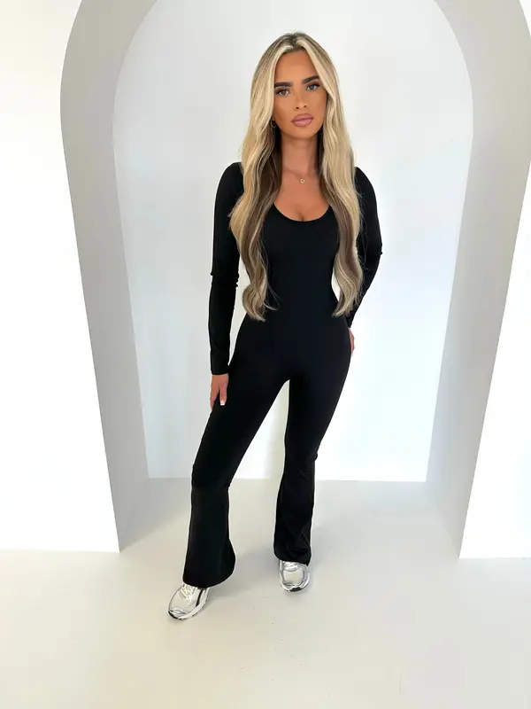 KALLIE long sleeve sculpting ruche bum jumpsuit BLACK 1