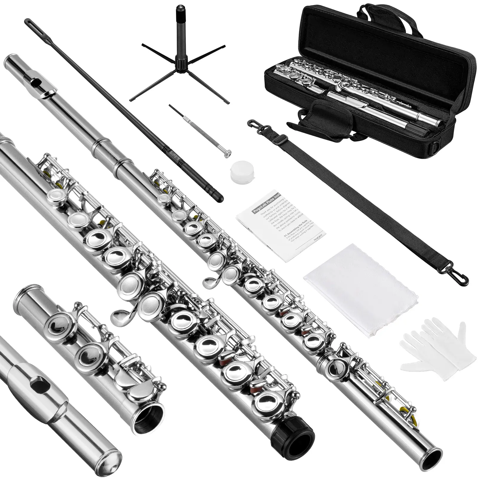 POGOLAB Flute, Closed-Hole C Flute 16 Keys, Student Flute with Split E & Offset-G, with Flute Case/Flute Cleaning Kit/Probe Rod/Gloves/Grease, Nickel Flute for School Band Practice