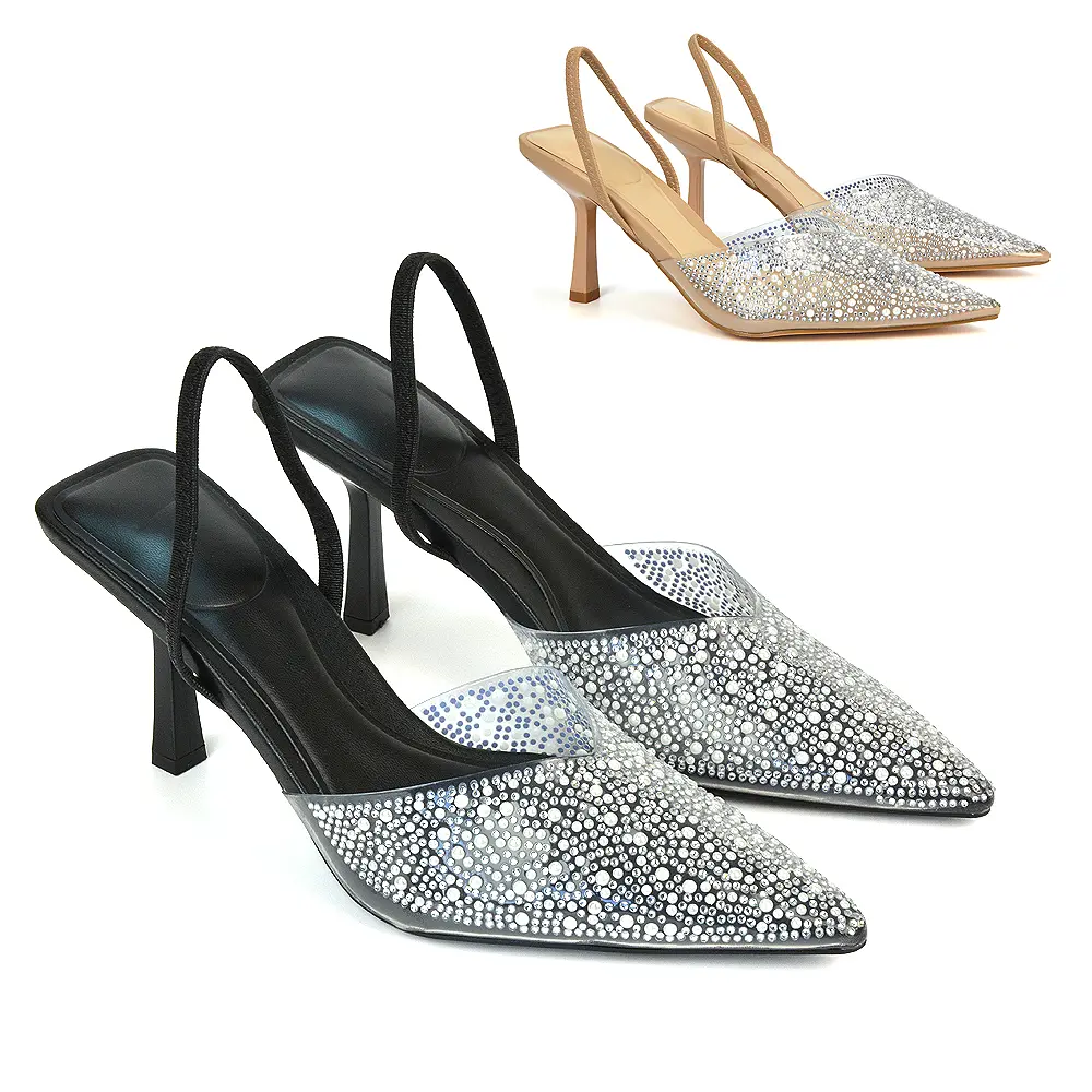 Leonie Stiletto High Heel Rhinestone Sling Back Strappy Court Shoes Fashion Girl Women Classy Stylish Footwear Elegant Pointed