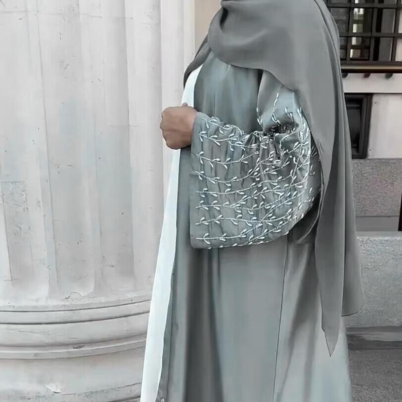 HS1024 1pcs Satin Cardigan Handmade Beaded Dress Abaya 1