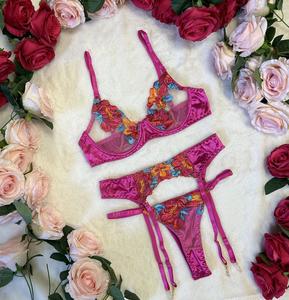 LILIOSA LINGERIE LIVE Chic Hot Pink Satin Fabric Lingerie 3 Piece Set - (Bra + Garter + Pants) Comfortable Satin Bra, Floral Embroidered Womenswear, Breathable Comfort Everyday Bra and Pants, Adjustable Spaghetti Straps, Special Day Style, Girly Gift