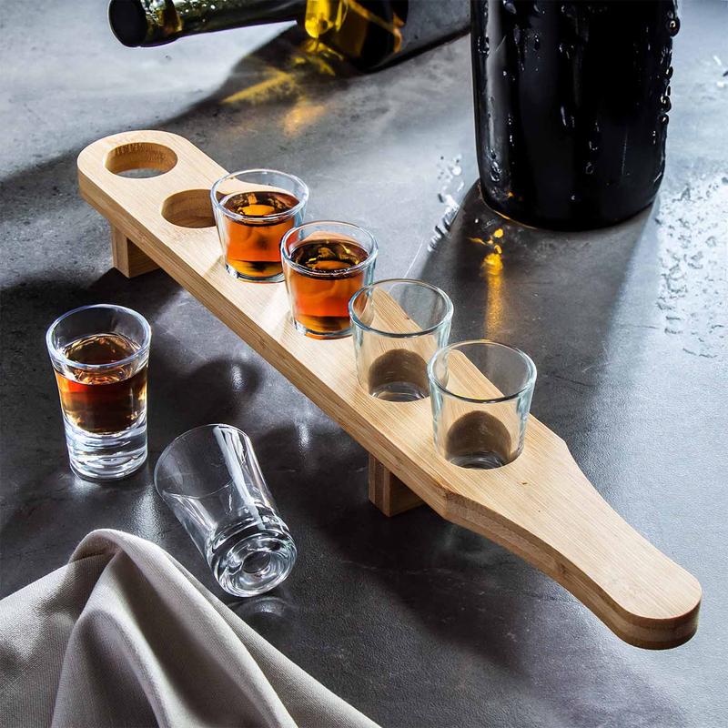 Wooden Drinks Paddle Tray with 6 Shot Glasses, Set of 6 x 40ml Shot Glasses with Serving Tray, Barware, Home Bar, Bar, Shot Glass Serving Board, Drinks Serving Board, Stylish Utensils 2