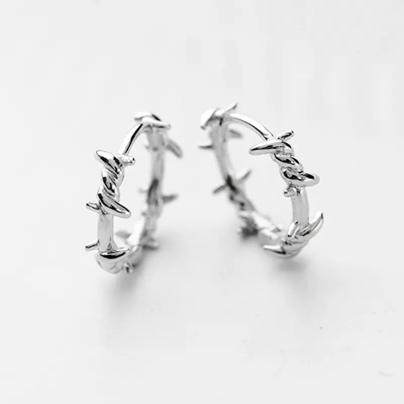 925 Sterling Silver Barb Wire Hoop Sleeper Earrings with Twisted Thorn Branch Design 2