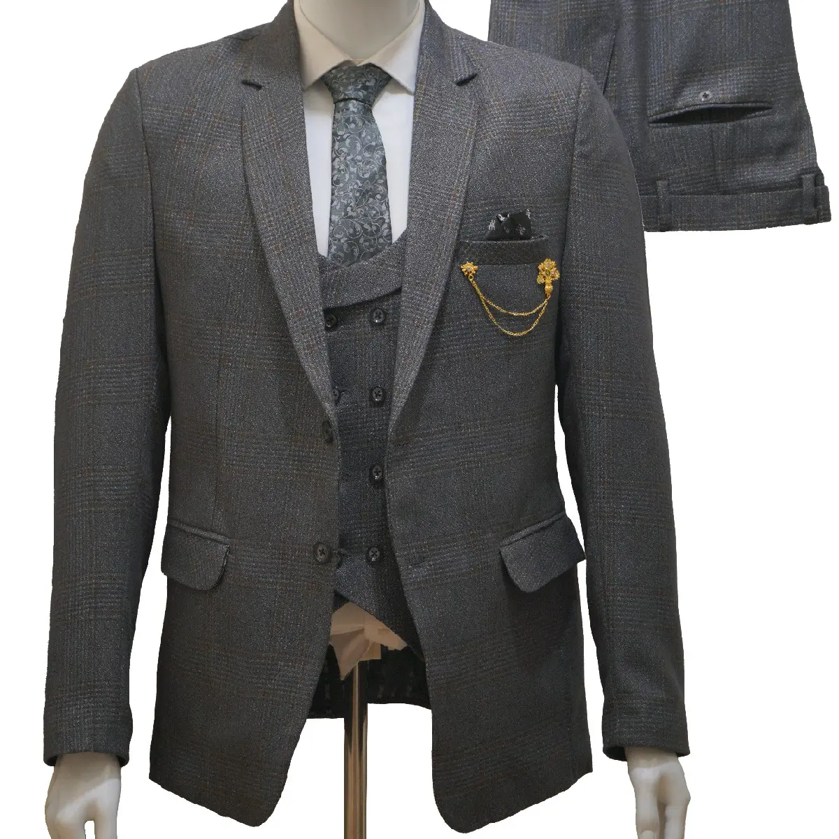Men's Grey Check Suit 3 Piece Wedding, Prom, Groomsmen, Office