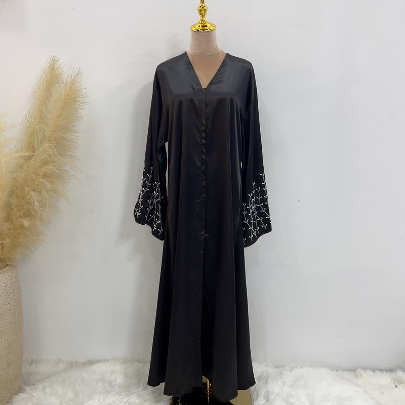 Product Introduction of HS1024 1pcs Satin Cardigan Handmade Beaded Dress Abaya 28