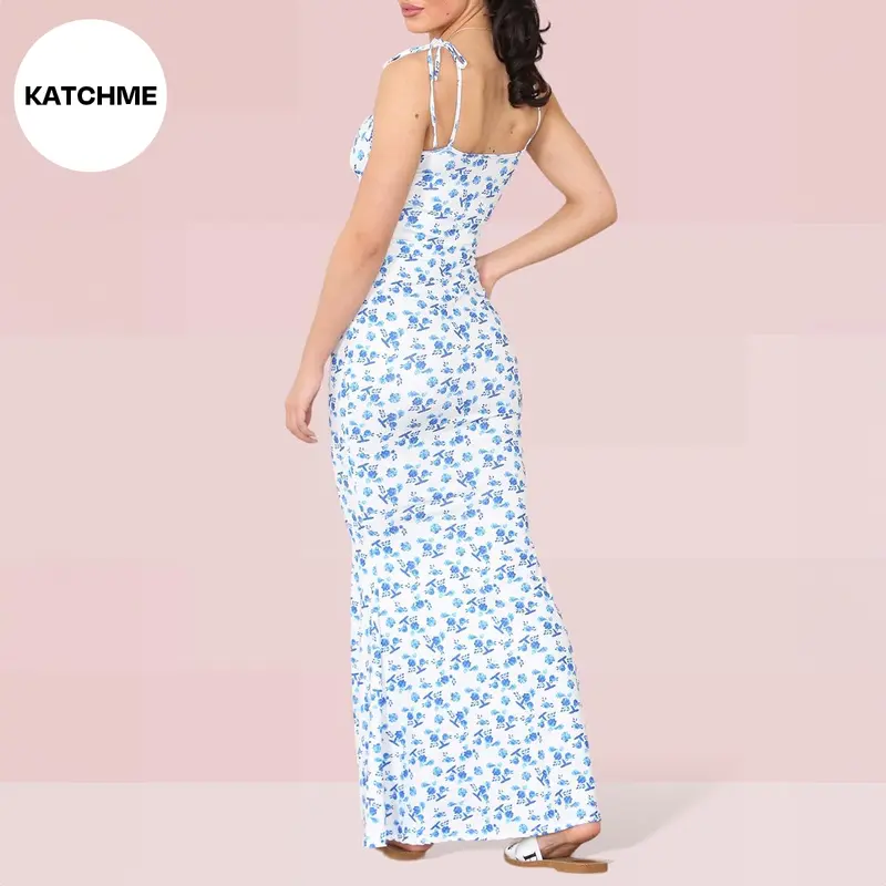 KatchMe Fresh Womenswear Adjustable Strap Floral Print Tie-Up Slinky Maxi Dress,Summer Mermaid Tail Dresses for Women,Birthday Outfits,Womenswear 5